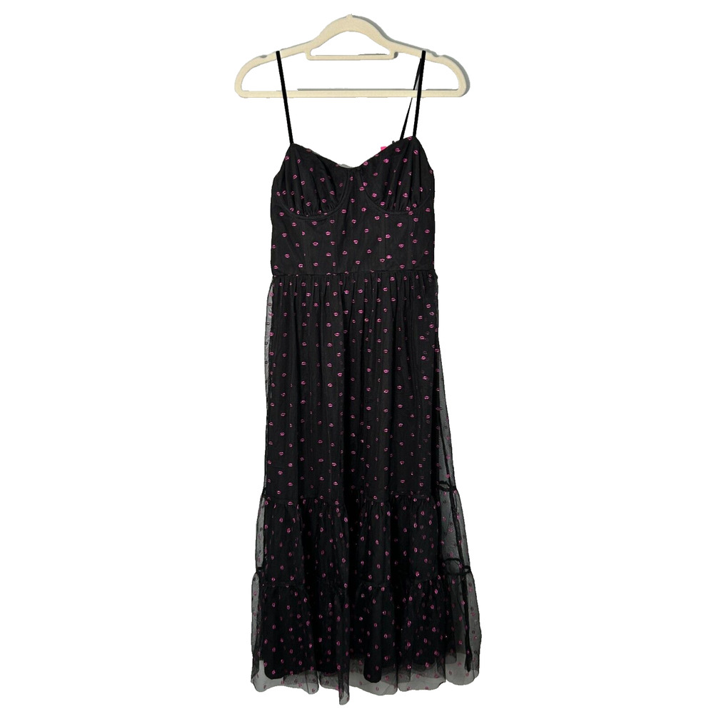 Betsey Johnson Tulle Bustier‎ Midi Dress in Raven Black Glitter Lip Print Size 2